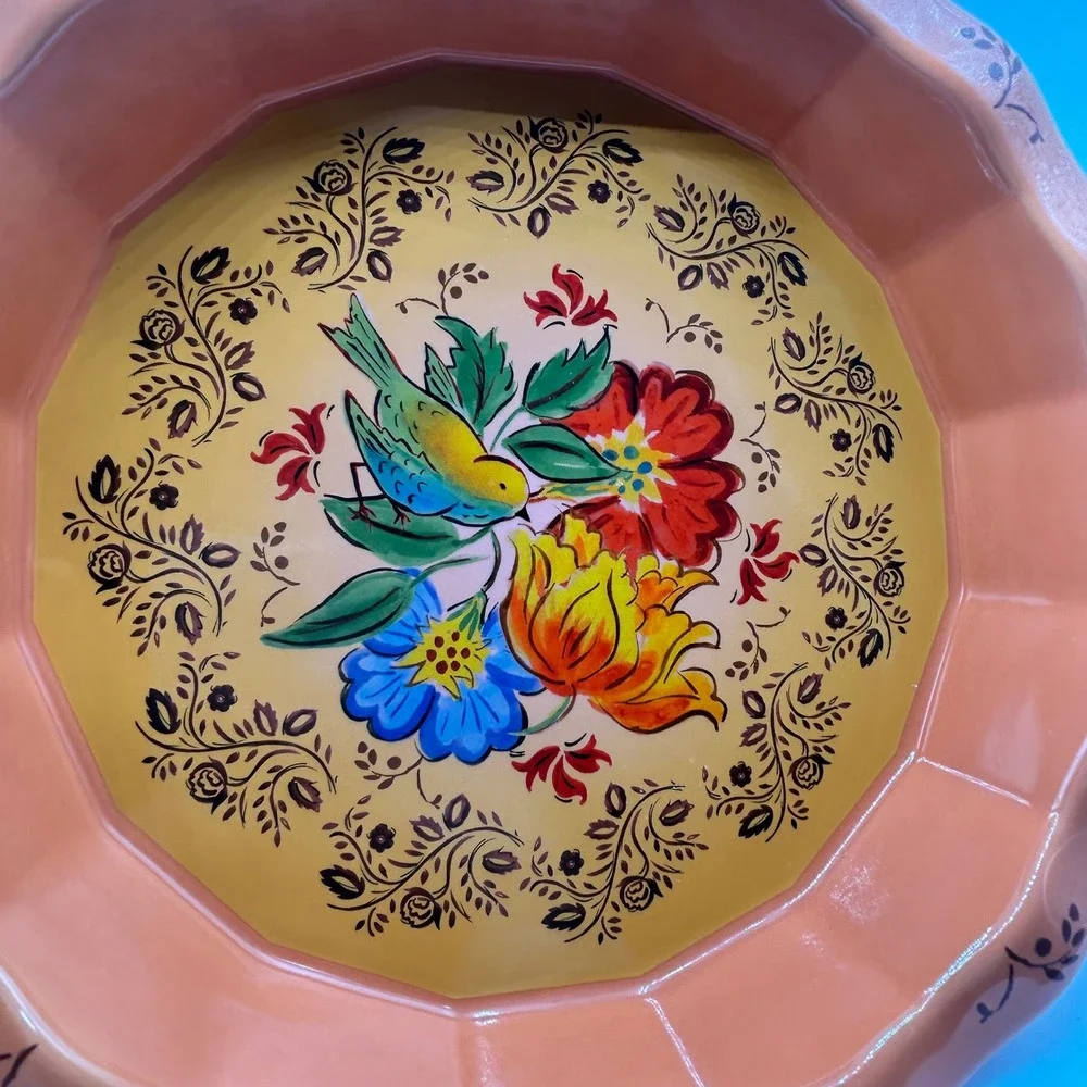 Orange Floral Bird Ceramic Posy Pie Plate Scalloped Edge 10.5 Inch Bakeware